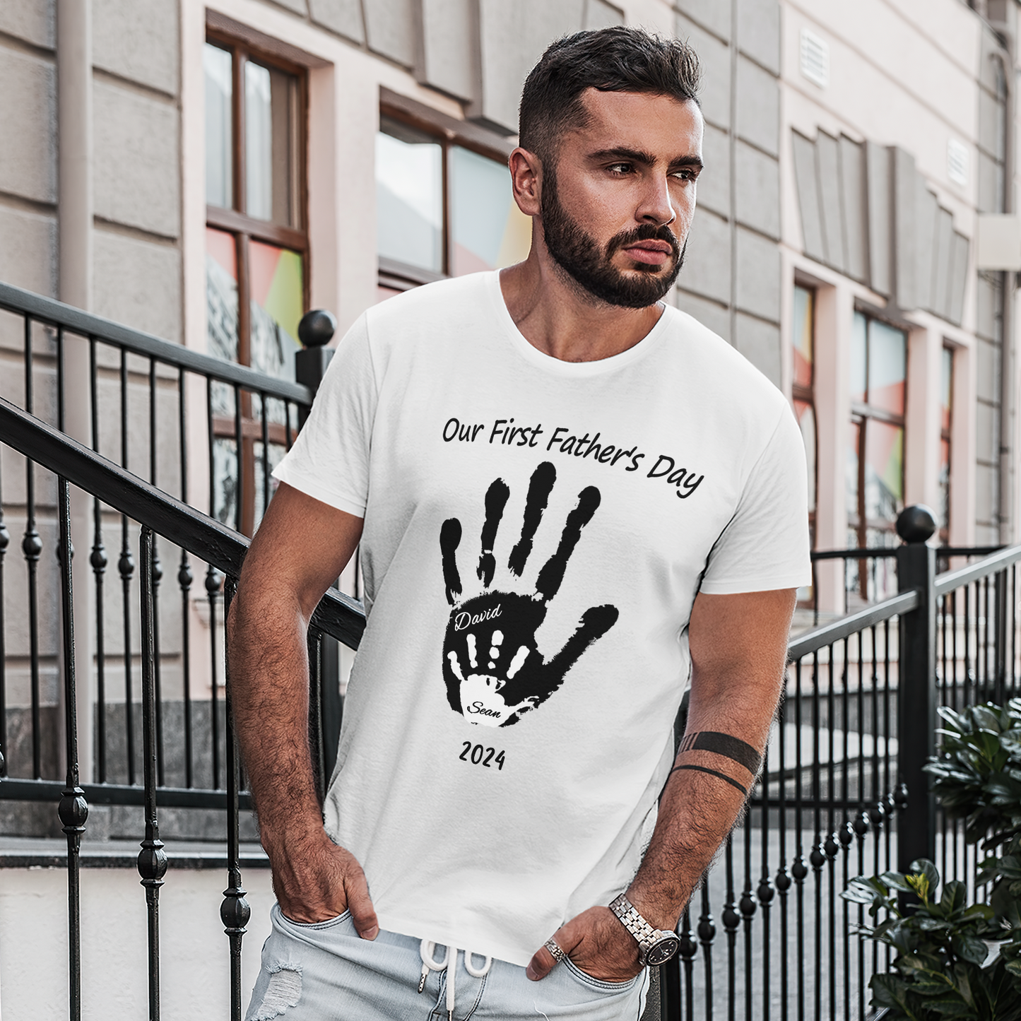 Personalized Our First Father’s Day Handprint Father T-Shirt Gift for Dad - DigiVirt