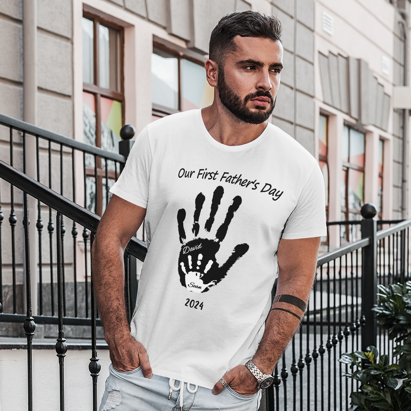 Personalized Our First Father’s Day Handprint Father T-Shirt Gift for Dad - DigiVirt