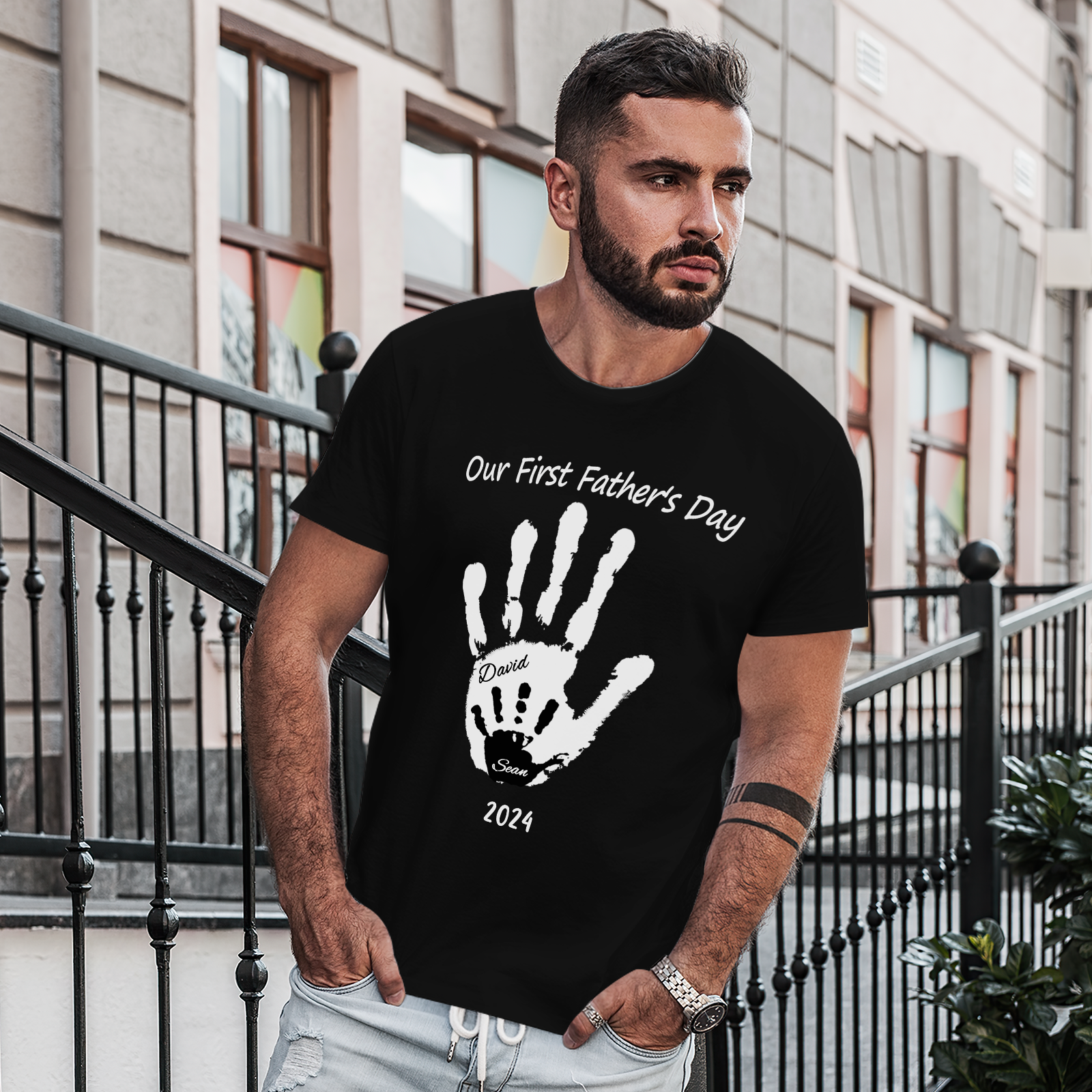 Personalized Our First Father’s Day Handprint Father T-Shirt Gift for Dad - DigiVirt