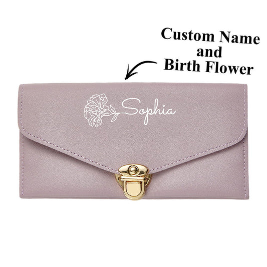 Personalized PU Leather Wallet Custom Birth Flower Wallet with Name Birthday Gift for Her - DigiVirt