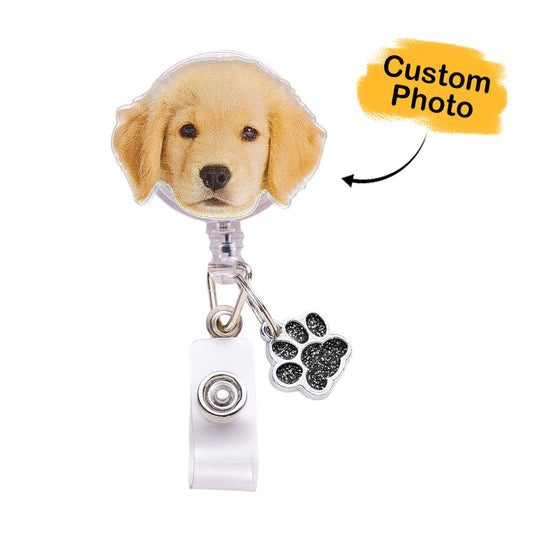 Personalized Pet Portrait Badge Reel with Paw Print Charm Gift for Nurse Pet Lover - DigiVirt