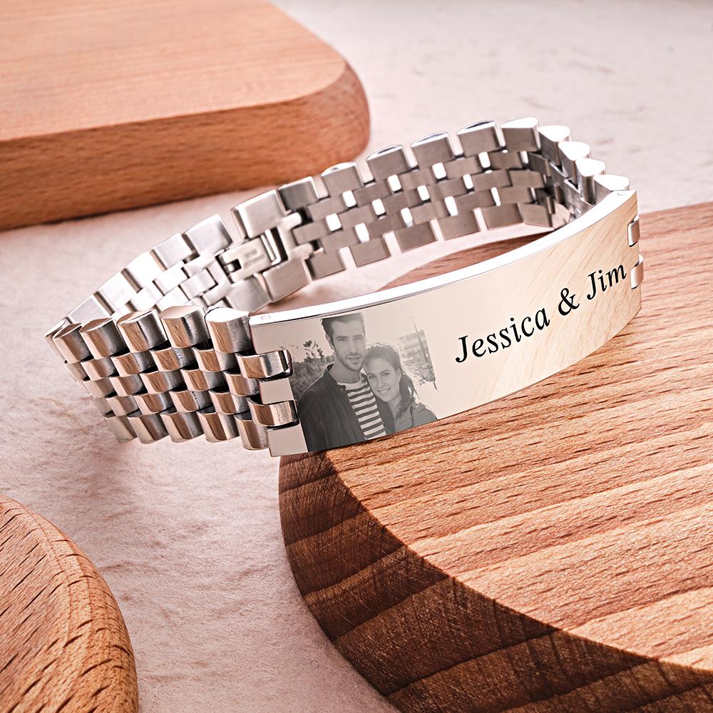 Personalized Photo Wide Bracelet With Text Engraved Vintage Bracelet Gifts For Him Wedding Gift - DigiVirt