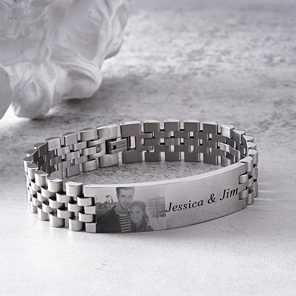 Personalized Photo Wide Bracelet With Text Engraved Vintage Bracelet Gifts For Him Wedding Gift - DigiVirt