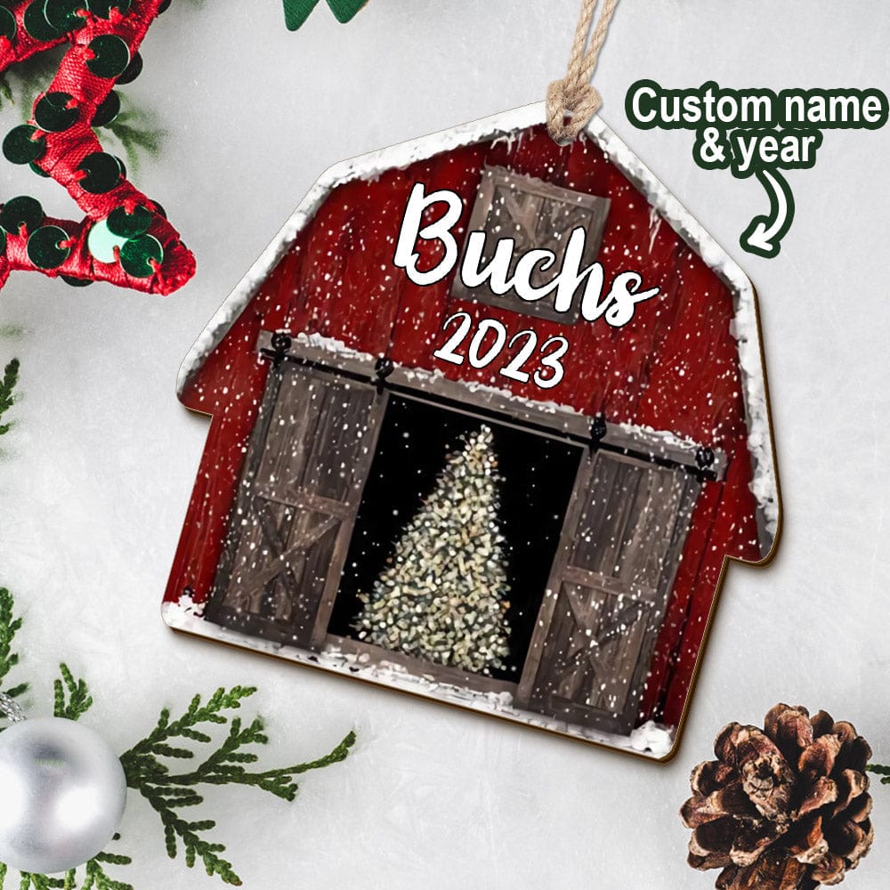 Personalized Red Barn Christmas Ornament Gift for Family - DigiVirt