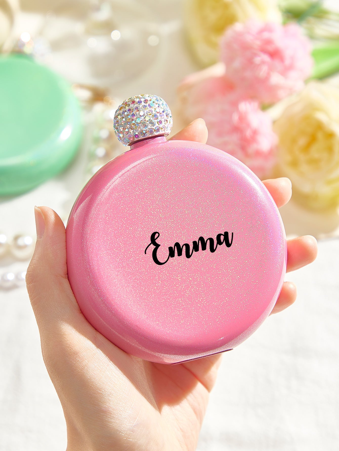 Personalized Round Flasks with Name 5oz Glitter Flask Birthday Gift for Her - DigiVirt