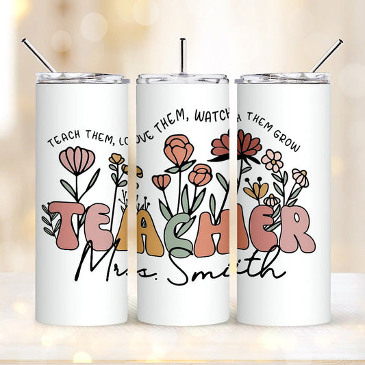 Personalized Wildflowers 20oz Name Skinny Tumbler with Straw Appreciation Gift for Teacher Back to School Gift - DigiVirt