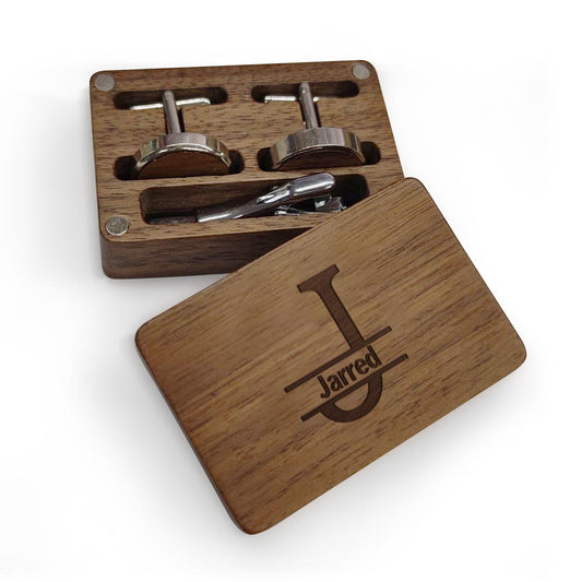 Personalized Wooden Cufflink Box Set with 1 Wood Box, 2 Cufflinks, and 1 Tie Clip - Wedding Gift - DigiVirt