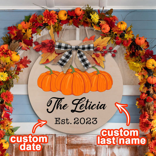Personalized Wooden Last Name Sign Fall Pumpkin Welcome Door Sign Farmhouse Style Door Hanger Home Decor Gifts - DigiVirt