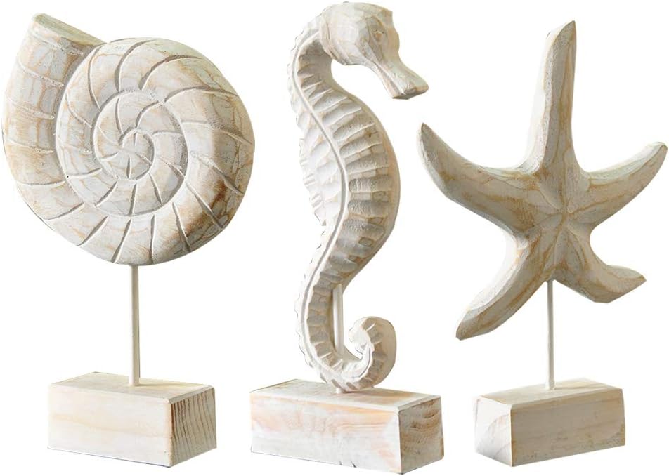 3pcs Wood Handmade Beach Nautical Style Figurines Starfish/Conch/Seahorse Statue Home Decor - DigiVirt