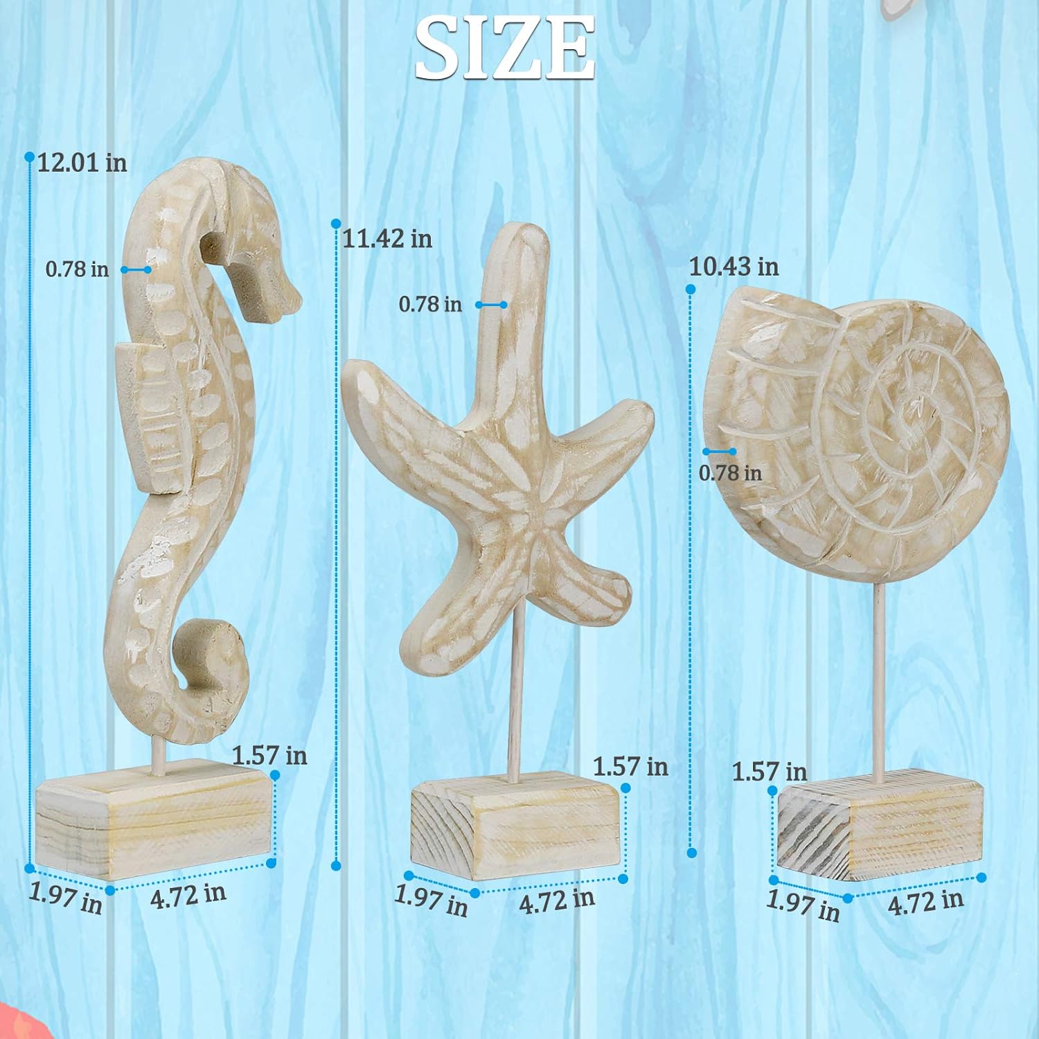 3pcs Wood Handmade Beach Nautical Style Figurines Starfish/Conch/Seahorse Statue Home Decor - DigiVirt