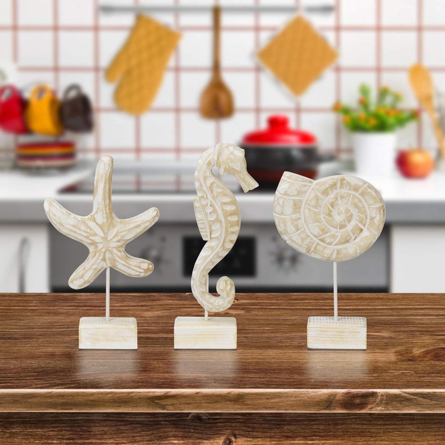 3pcs Wood Handmade Beach Nautical Style Figurines Starfish/Conch/Seahorse Statue Home Decor - DigiVirt