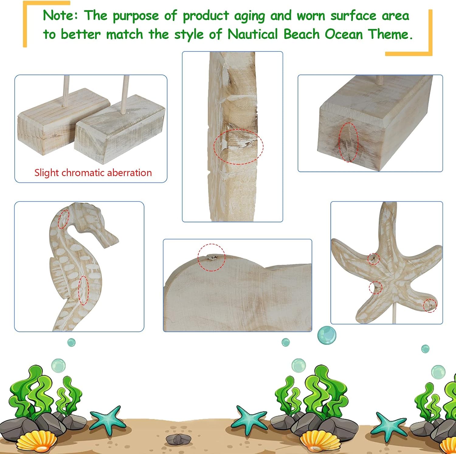 3pcs Wood Handmade Beach Nautical Style Figurines Starfish/Conch/Seahorse Statue Home Decor - DigiVirt