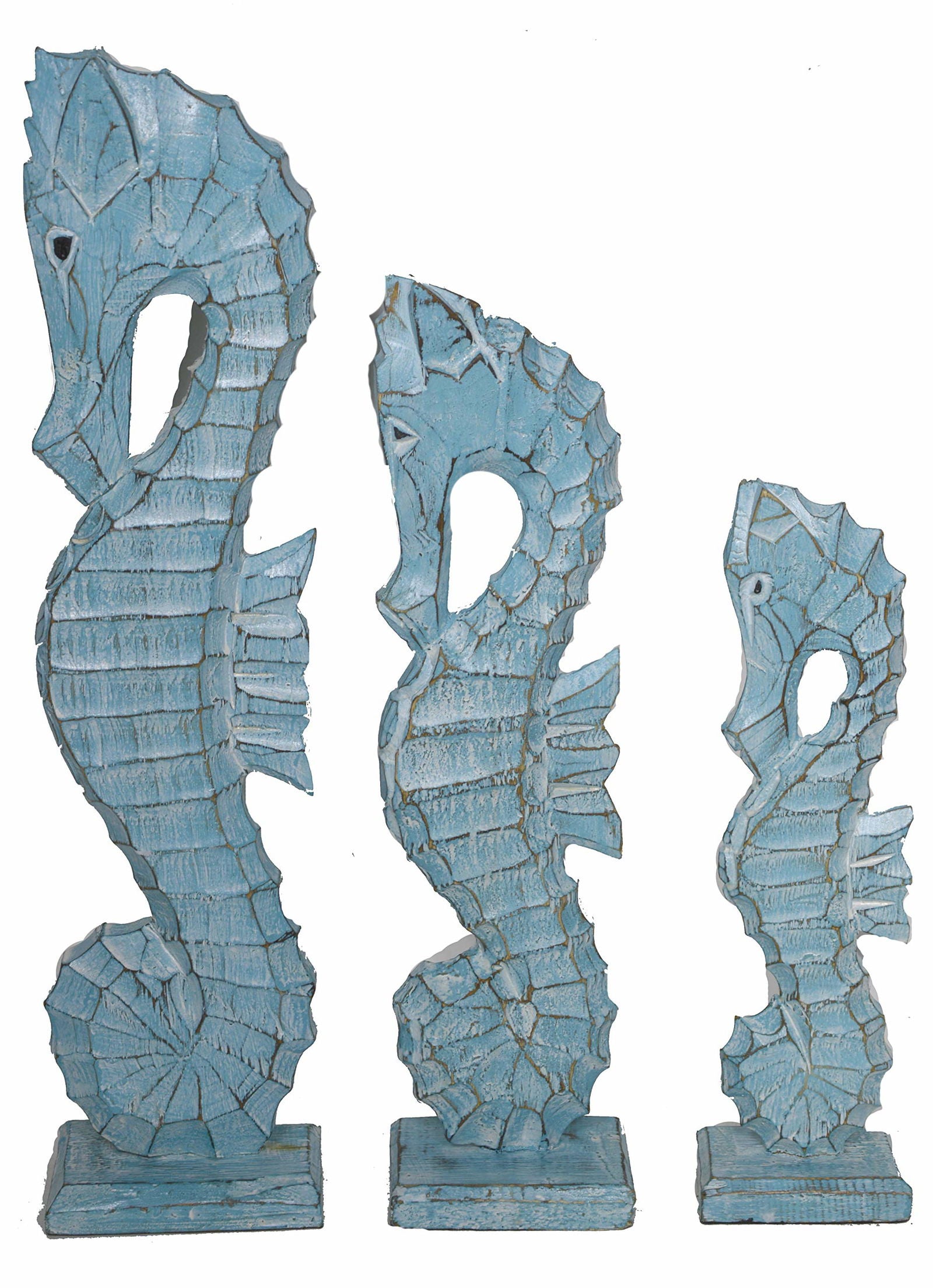 Seahorses Nautical Set of 3 Wood Teal Blue Aqua Standing Art Decor 20" 16" 12" - DigiVirt