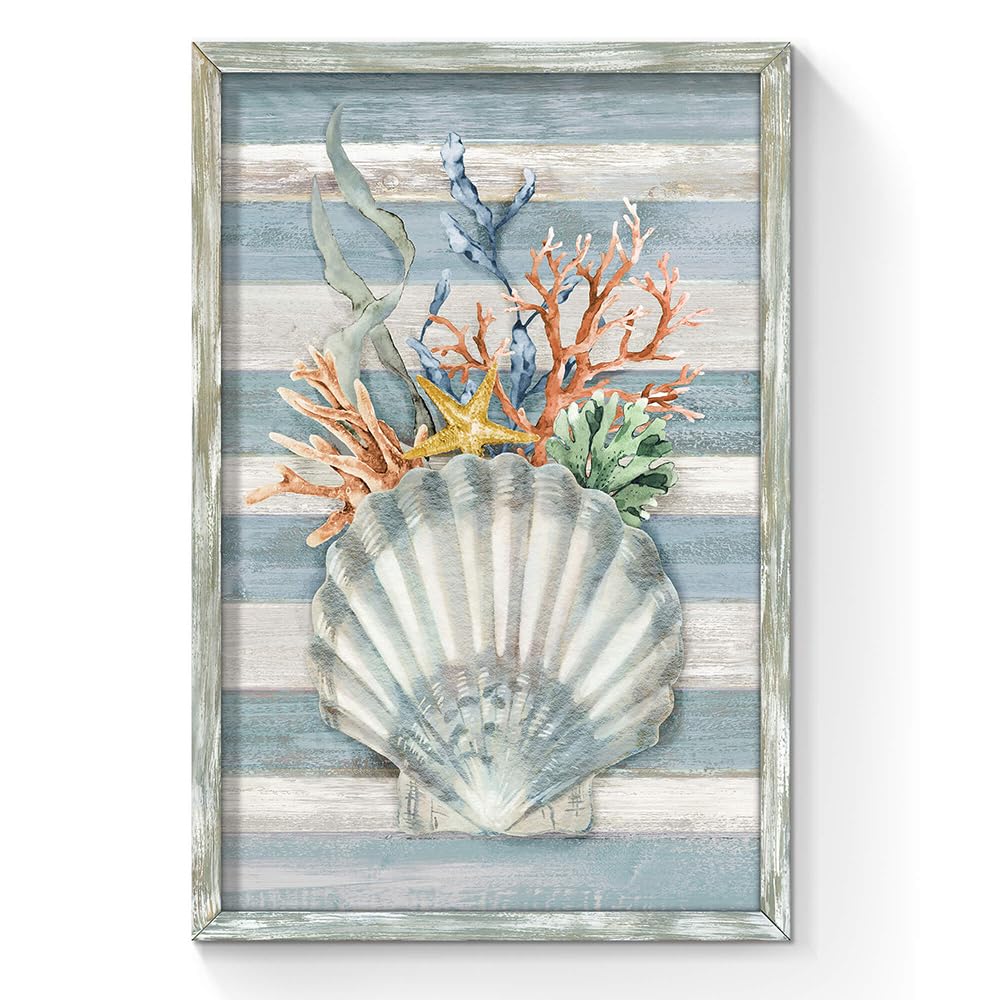 Seashell Wall Art Wooden Framed: Vertical Ocean Coral Starfish Seaweed Picture Teal Vintage Rustic Nautical Coastal Beach Marine life Painting Prints on Wood Plank Hand Painted Artwork for Bathroom - DigiVirt