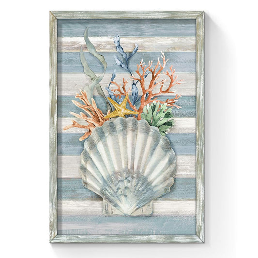 Seashell Wall Art Wooden Framed: Vertical Ocean Coral Starfish Seaweed Picture Teal Vintage Rustic Nautical Coastal Beach Marine life Painting Prints on Wood Plank Hand Painted Artwork for Bathroom - DigiVirt