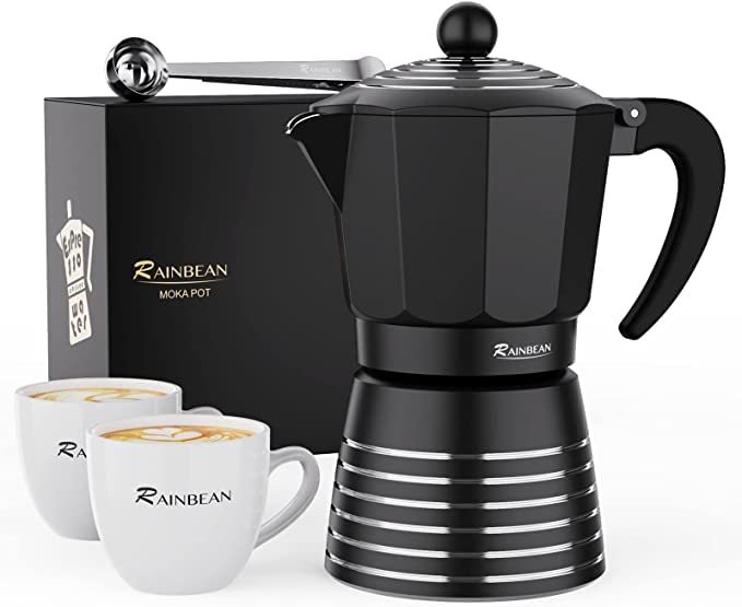 Stovetop Espresso Maker 6 Cup 300ml, Aluminum Moka Pot Gift Set, Italian Cuban Greca Coffee, Easy To Use & Clean - Set Including 2 Cups, Spoon, Black, Perfect Gifts For Coffee Lovers - DigiVirt