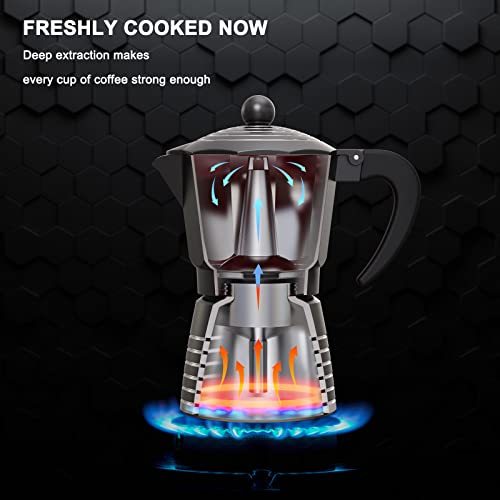 Stovetop Espresso Maker 6 Cup 300ml, Aluminum Moka Pot Gift Set, Italian Cuban Greca Coffee, Easy To Use & Clean - Set Including 2 Cups, Spoon, Black, Perfect Gifts For Coffee Lovers - DigiVirt