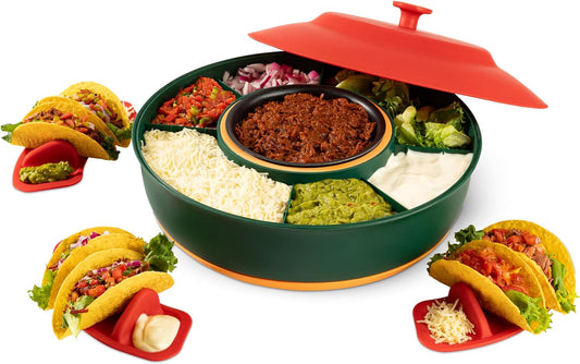 Taco Tuesday Kit - Taco Bar Serving Set for a Party - 30oz Heated Pot, 4 Taco Holders, & Detachable Lazy Susan Tray - Taco Night Fiesta – Unique Couple & Housewarming Gift Set Ideas - DigiVirt