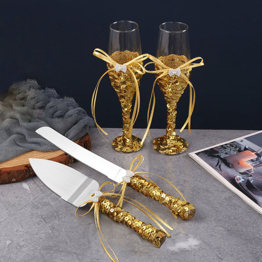 Wedding Wine Glasses Cake Cutting Set Gold Sequin Wine Glasses Champagne Cups - DigiVirt
