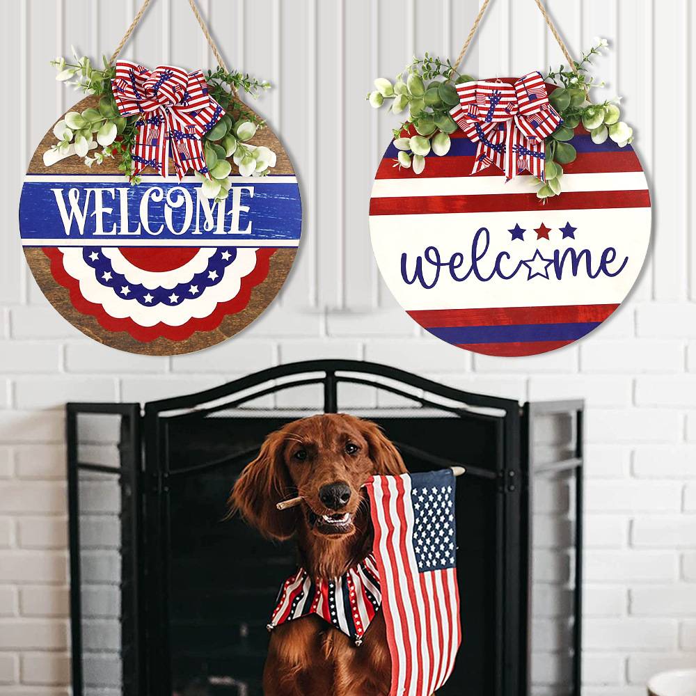 Welcome Door Sign 4th of July Independence Day Decorations Front Door Hanger Gifts - DigiVirt