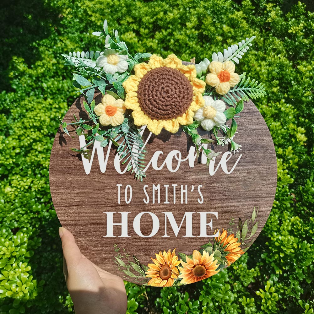 Welcome Door Sign Crocheted Flower Custom Text Front Door Decorations Unique Gifts - DigiVirt