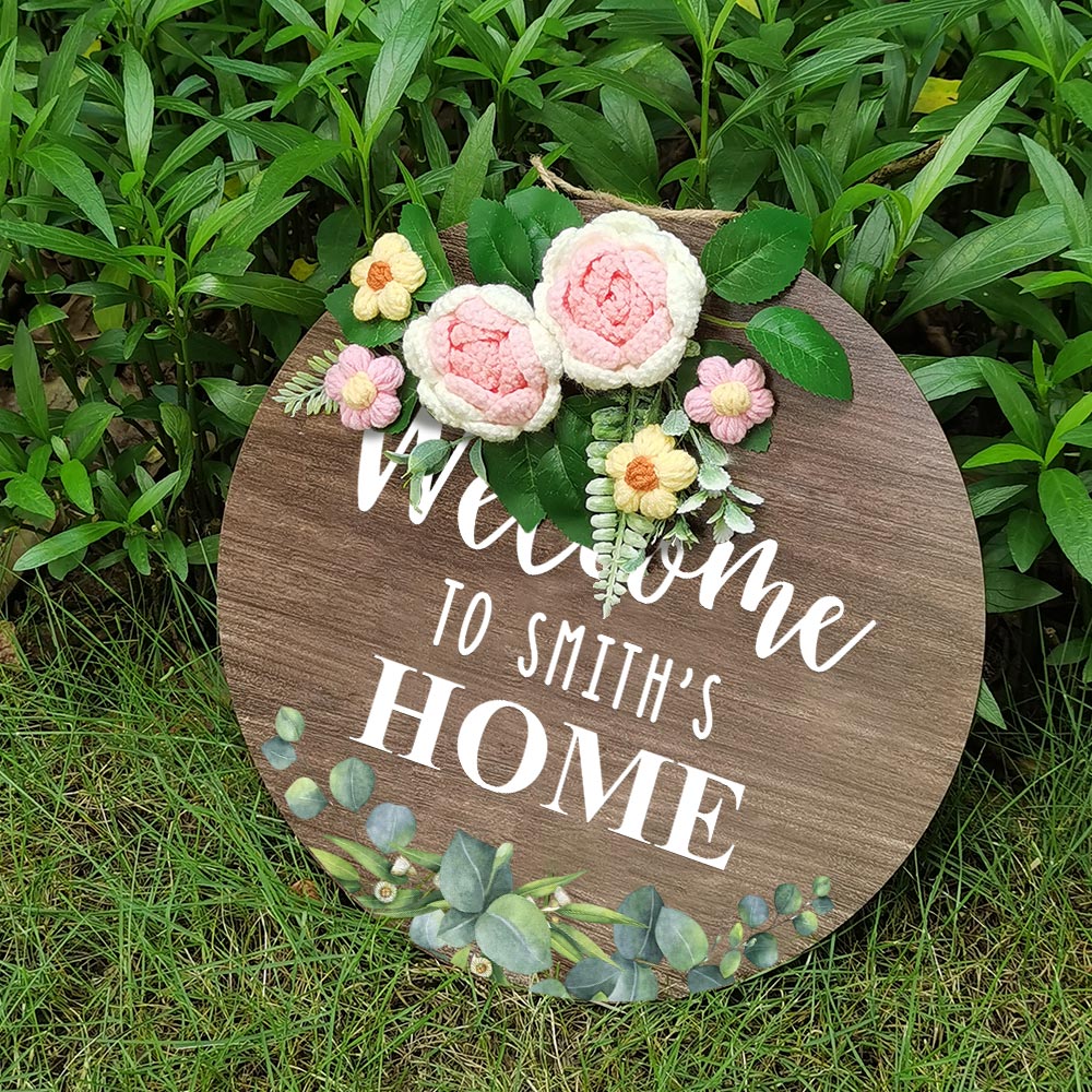 Welcome Door Sign Crocheted Flower Custom Text Front Door Decorations Unique Gifts - DigiVirt