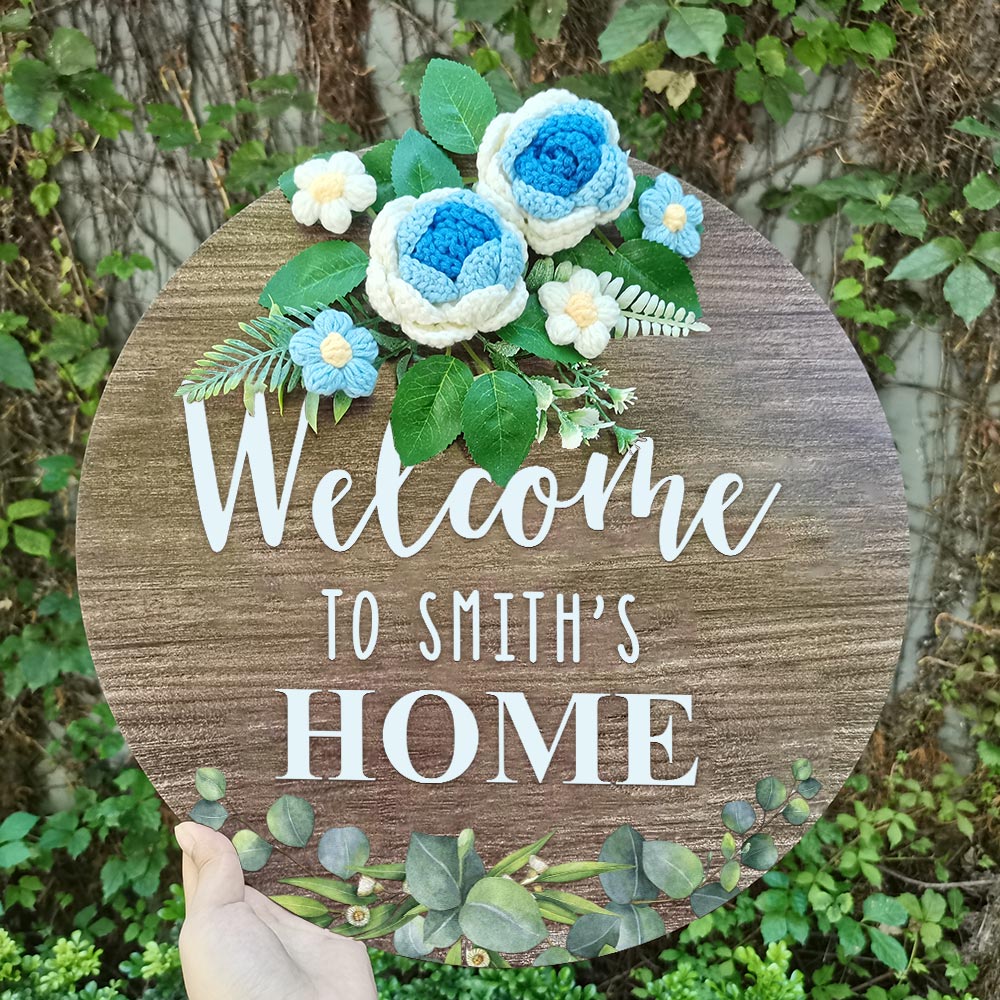 Welcome Door Sign Crocheted Flower Custom Text Front Door Decorations Unique Gifts - DigiVirt