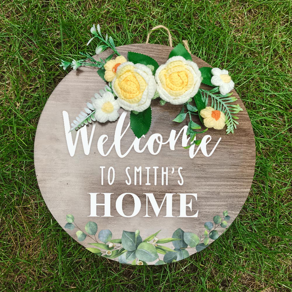 Welcome Door Sign Crocheted Flower Custom Text Front Door Decorations Unique Gifts - DigiVirt