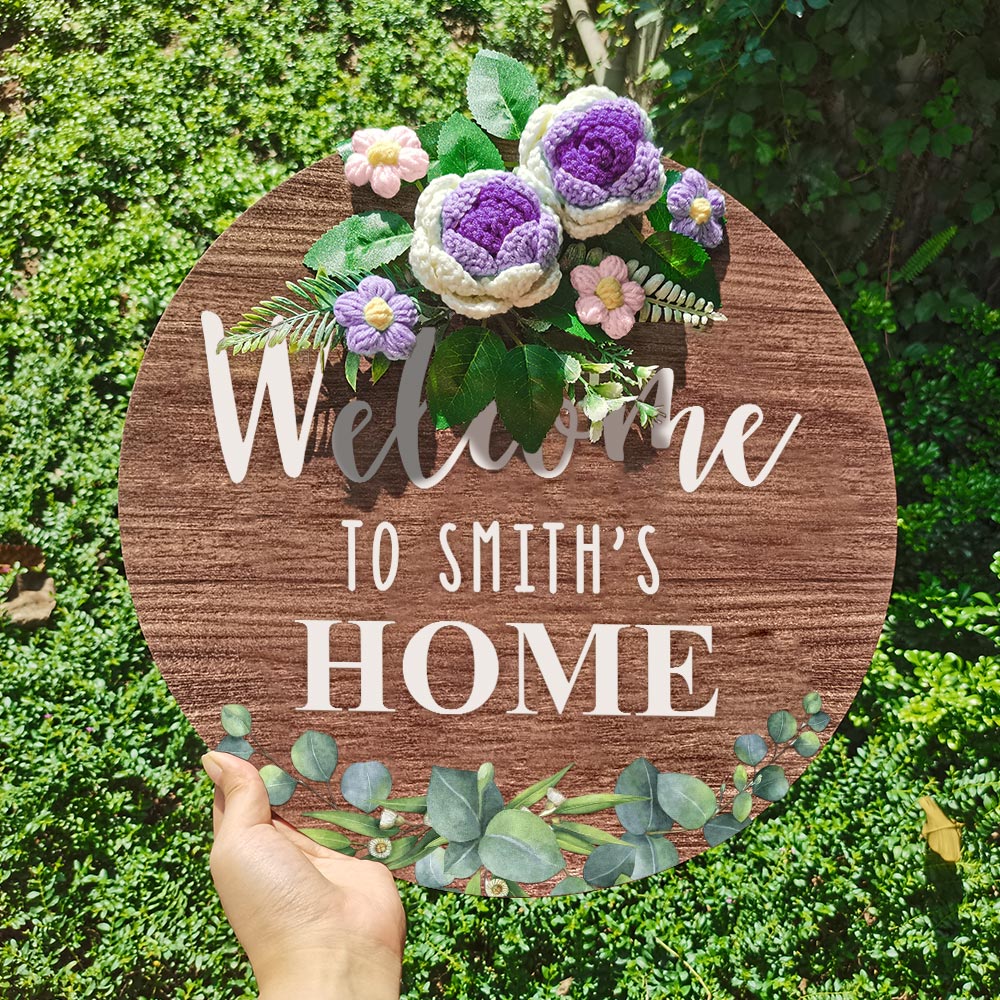 Welcome Door Sign Crocheted Flower Custom Text Front Door Decorations Unique Gifts - DigiVirt