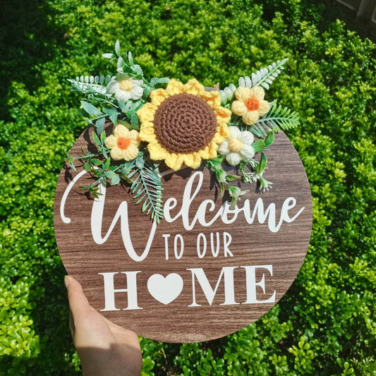 Welcome Door Sign Crocheted Flower Front Door Decorations Unique Gifts - DigiVirt
