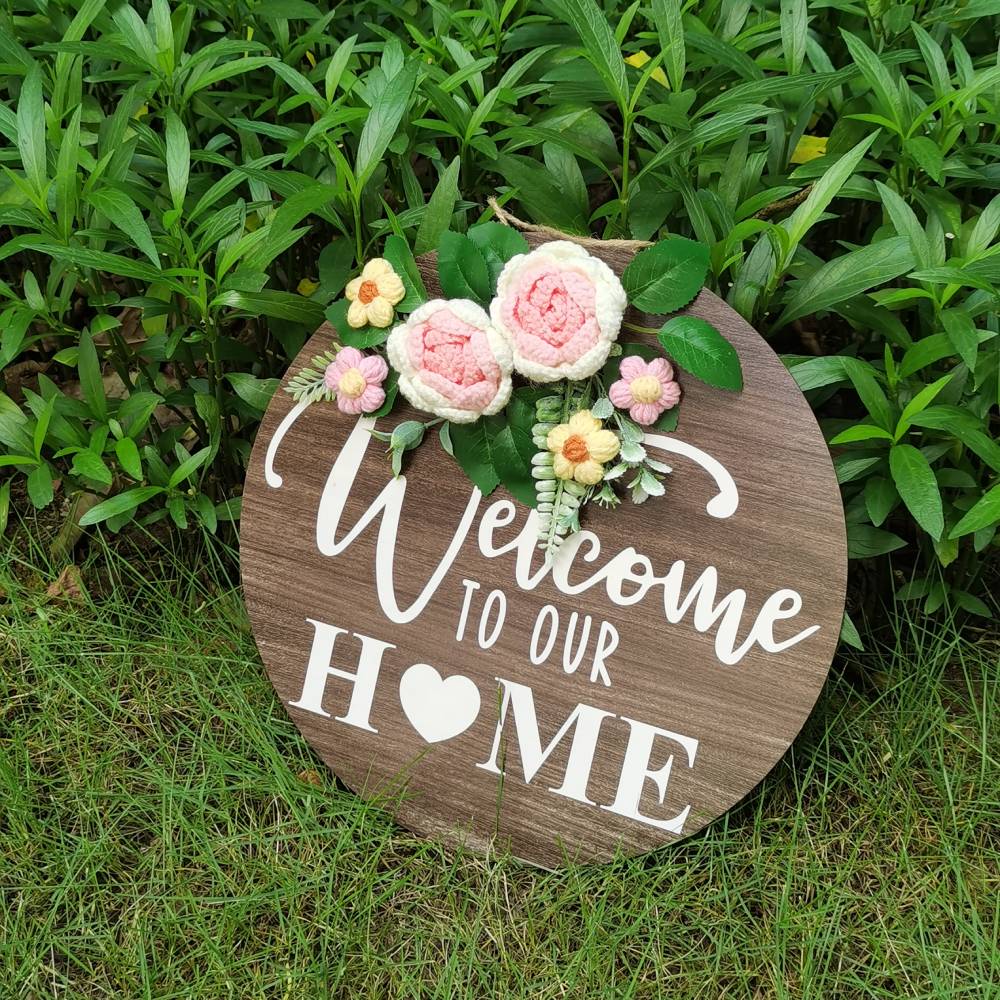 Welcome Door Sign Crocheted Flower Front Door Decorations Unique Gifts - DigiVirt