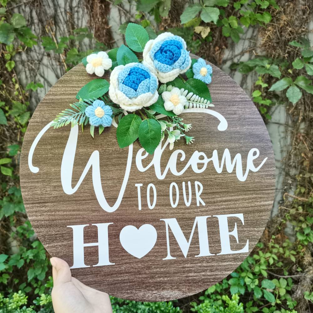 Welcome Door Sign Crocheted Flower Front Door Decorations Unique Gifts - DigiVirt