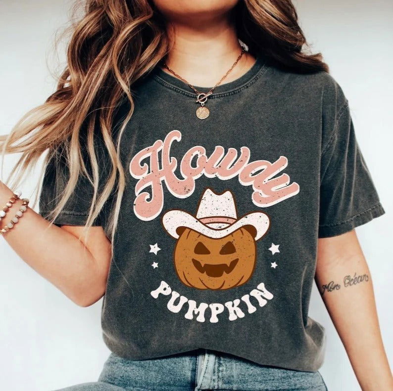 Western Pumpkin Head Halloween Pattern Printed Vintage T-shirt - DigiVirt