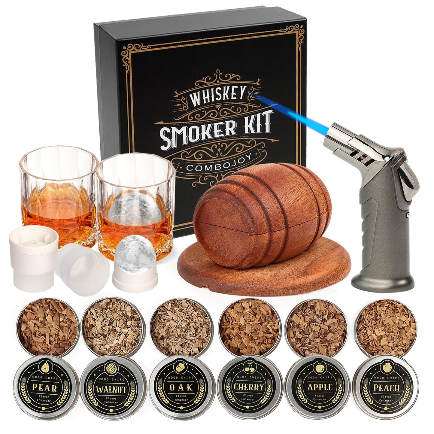 Whiskey Smoker Kit with Torch - 6 Flavors Wood Chips, 2 Glasses, 2 Ice Ball Molds - Cocktail Smoker Infuser Kit, Old Fashioned Drink Smoker Kit, Birthday Bourbon Whiskey Gifts for Men,Dad(NO Butane) - DigiVirt