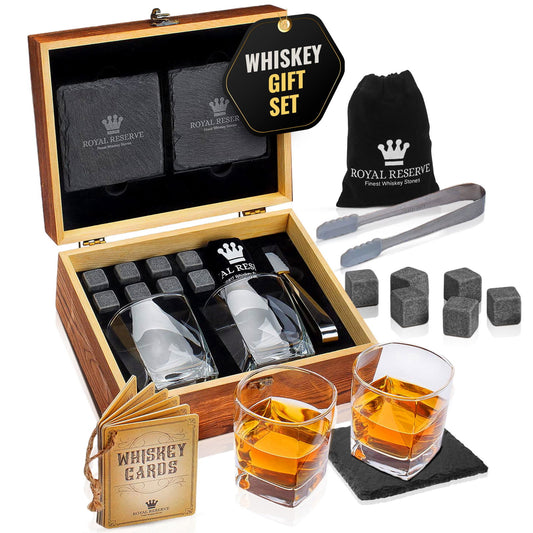 Whiskey Stones Gift Set by Royal Reserve, Artisan Crafted Scotch Bourbon Glasses, Chilling Rocks, Coasters and Tongs – Whiskey Gifts for Men Dad Boyfriend Anniversary or Retirement - DigiVirt